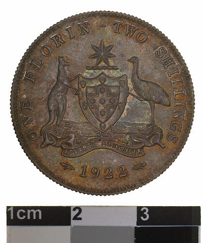 Specimen Coin - Florin (2 Shillings), Australia, 1922, photographed by Museums Victoria