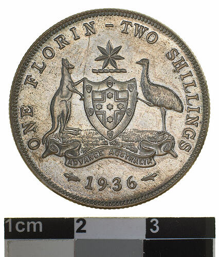 Proof Coin - Florin (2 Shillings), Australia, 1936, photographed by Museums Victoria