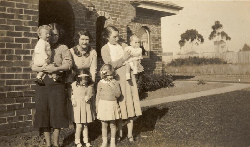 Digital Photograph - Women & Children Standing in Front of New House, Ivanhoe, circa 1938