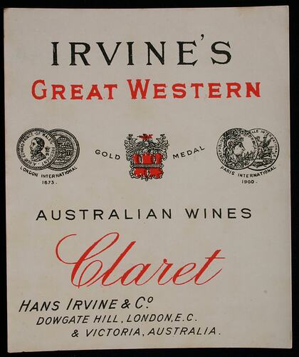 Wine label with red and black writing.