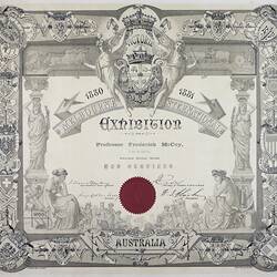 Certificate - Melbourne International Exhibition, Awarded to Thomas Gaunt, 1880-1881