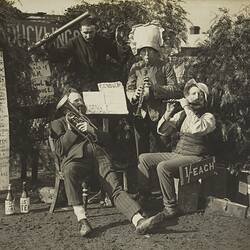 'The Calithumpian Band', Four Men Pose with Musical Instruments, Backyard, Brunswick, circa 1913