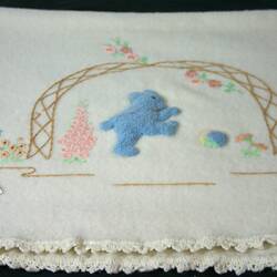 Baby Blanket - Appliqued & Embroidered, Cream Wool, circa 1950s