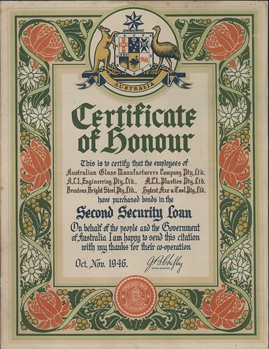 Honour Certificate - Second Security Loan, Australia, Oct-Nov 1946