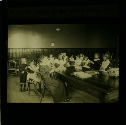 Lantern Slide - Blind Children Knitting, Royal Victorian Institute for the Blind, Melbourne, Victoria, circa 1900s