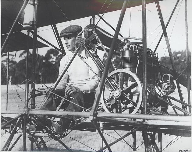 Glass Negative - J.R. Duigan at the controls of his aircraft, about 1911.