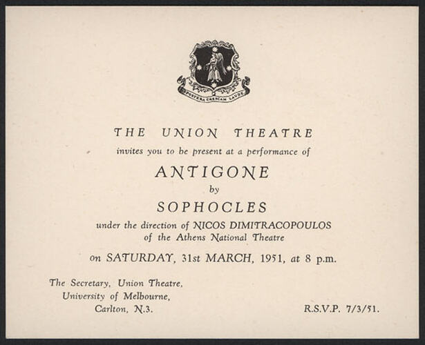Invitation - Antigone, Union Theatre, Melbourne University, 31 March 1951