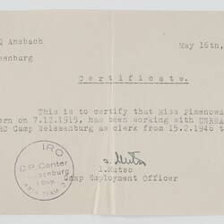 Certificate - Issued to Katarina Pimenowa, International Refugee Organization, 16 May 1949