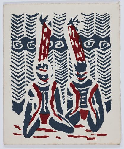 Greeting Card - Shields, Bark Painting & Men Dancing, Blue & Red, circa 1949-1955