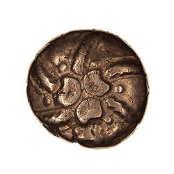 Coin, round, star shaped ornament formed by six curved wreaths meeting at three open crescents at the centre.