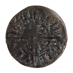 Coin, round, long cross voided which breaks through a beaded circle, a quatrefoil in each angle.