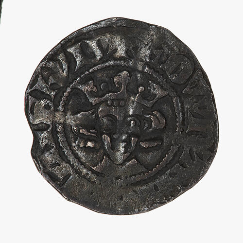 Coin, round, a crowned bust of the King facing; text around, + EDW R AN[GL] DNS HYB.