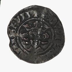 Coin, round, a crowned bust of the King facing; text around, + EDW R AN[GL] DNS HYB.