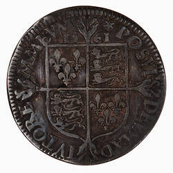 Coin, round, A plain, square topped shield quartered with the arms of France and England.