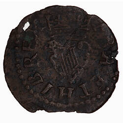 Token, round, at centre, crowned harp with eagle head and six strings; text around, FRA ET HIB REX.