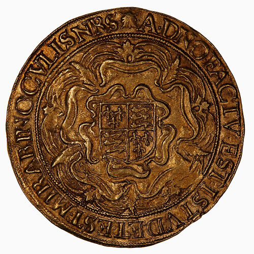 Coin, round, Royal shield, quartered with the arms of England and France.