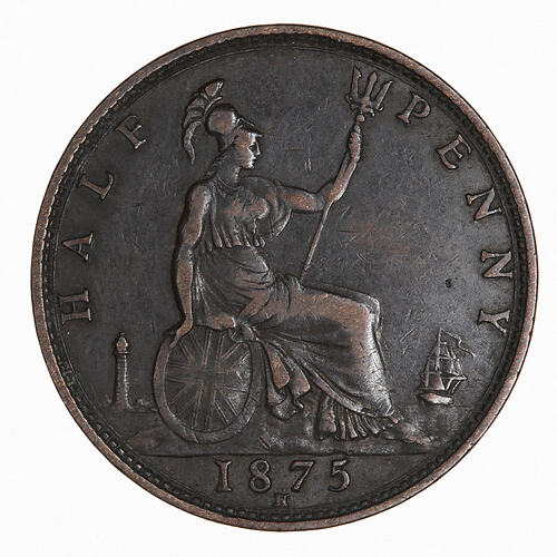 Coin - Halfpenny, Queen Victoria, Great Britain, 1875 (Reverse)