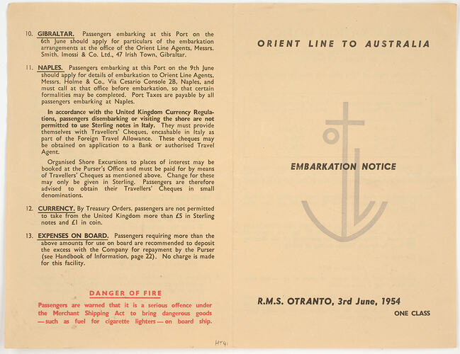 Booklet - Embarkation Notice, Orient Line to Australia