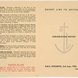Booklet - Embarkation Notice, Orient Line, 1954