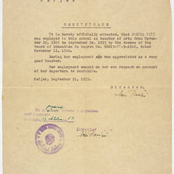 Employment Certificate - Osijek Girls Secondary School, Croatia, Helen Ilich, 1946