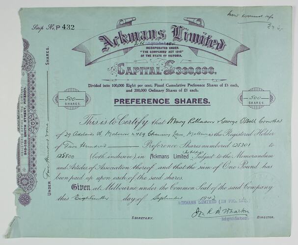 Scrip - Ackmans Limited, Fitzroy, Victoria, 1942