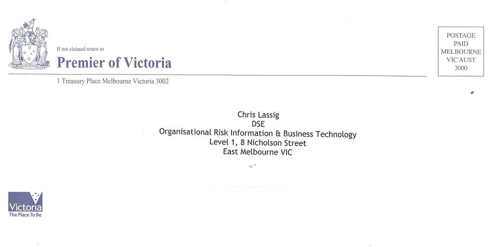 Letter  - Premier of Victoria John Brumby to Christopher Lassig, Department of Sustainability and Environment, Melbourne, 2009