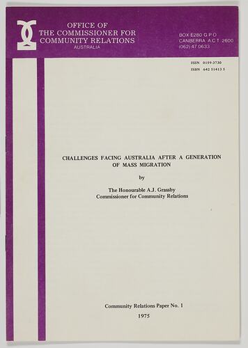 Booklet - A. J. Grassby, 'Challenges Facing Australia After A Generation of Mass Migration'