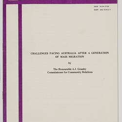 Booklet - A. J. Grassby, 'Challenges Facing Australia After A Generation of Mass Migration'