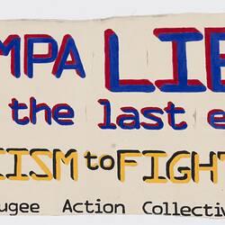 Banner - Tampa Lies Stole the Last Election, Refugee Action Collective, Aug 2002