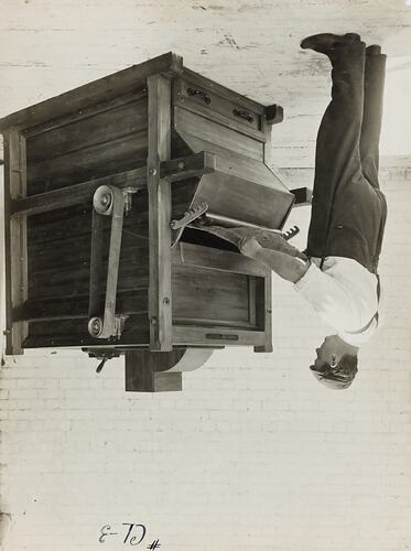 Photograph - Schumacher Mill Furnishing Works, Man with Sack Cleaner, Port Melbourne, Victoria, circa 1930s