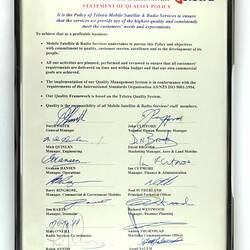Framed Document - Telstra, 'Statement of Quality' Policy, 1994