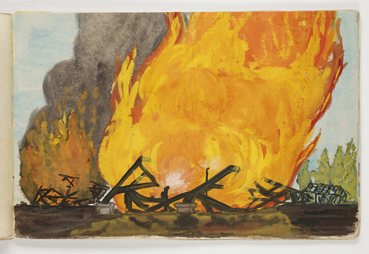 Colour artwork on off-white paper of a large fire burning through the skeleton of a building.