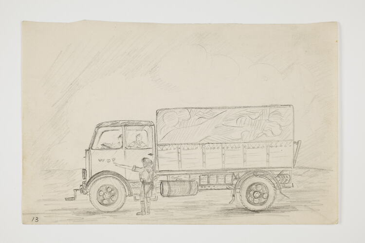 Drawing of a military truck and soldiers on off-white paper.