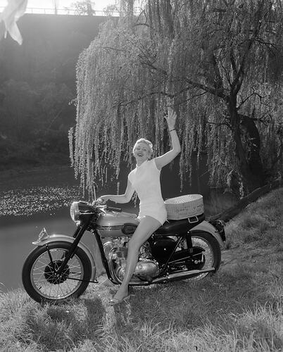 Pacific Magazines Pty Ltd, Woman on a Triumph Motor Cycle for New Idea Magazine, Black Rock, Victoria, Sep 1954