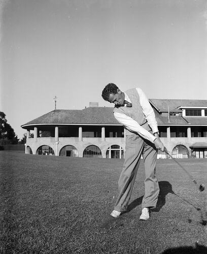 Dunlop Australia Ltd, D. Denehy Playing Golf, Victoria Golf Club, Cheltenham, Victoria, 1953