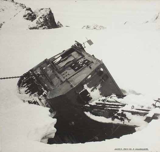 The Australian National Antarctic Research Expedition (ANARE), Weasel Breaks Through into Crevasse, Antarctic, circa 1950-1960