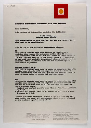 Cover Letter & History Chart - Kodak, Ektachem DT60 Analyser, 1991-92