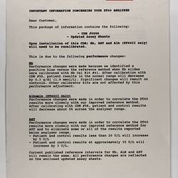 Cover Letter & History Chart - Kodak, Ektachem DT60 Analyser, 1991-92