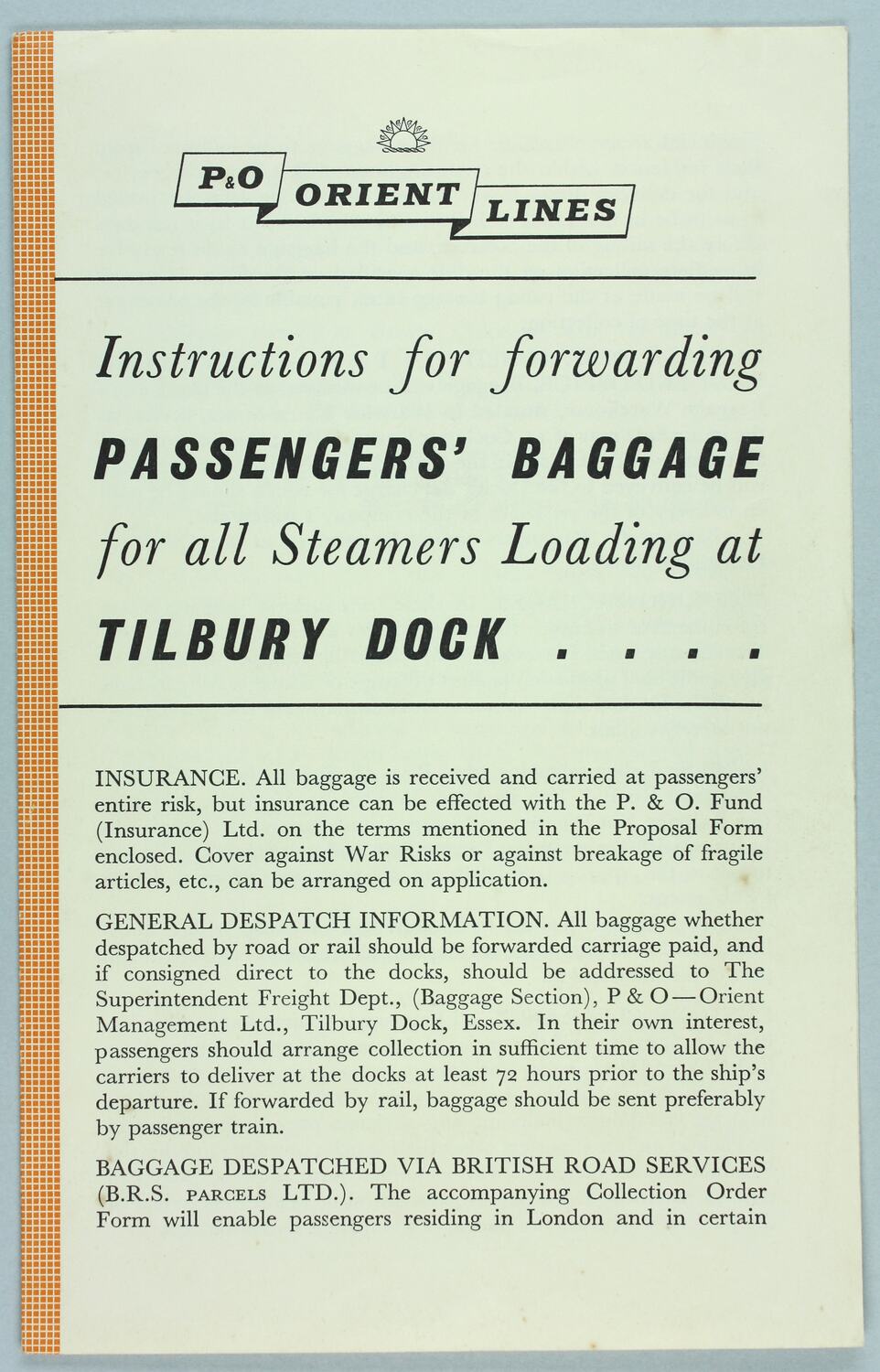 Leaflet 'P&O Orient Lines Instructions For Forwarding Passengers