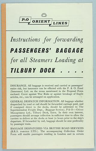 Leaflet - 'P&O Orient Lines - Instructions For Forwarding Passengers' Baggage', September 1960