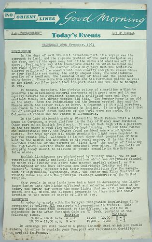 Information Sheet - P&O SS Stratheden, 'Today's Events', Bay of Bengal, 29 Nov 1961