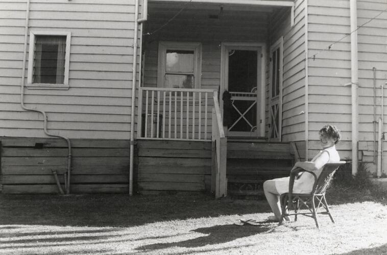 Mary Ward in Back Garden, Migrant Temporary Accommodation House, East Malvern, Victoria, Dec 1961