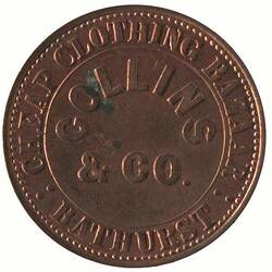 Token - 1 Penny, Collins & Co, Cheap Clothing Bazaar, Bathurst, New South Wales, Australia, 1864