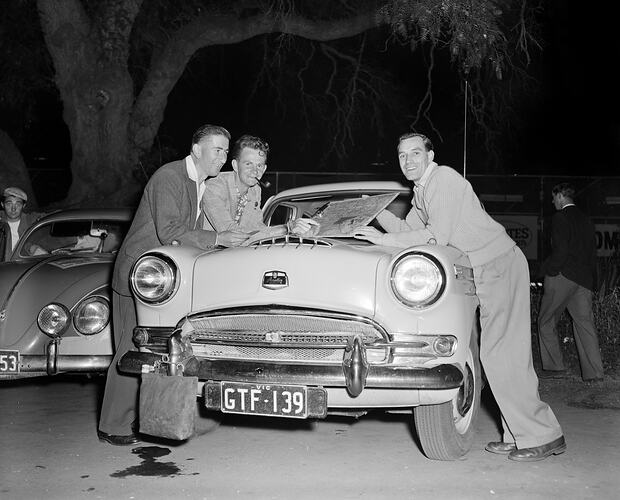 Austin Car Club, Group Standing with a Car, Victoria, 10 Apr 1959