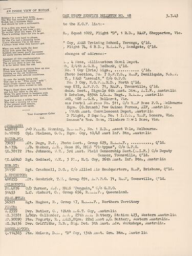 Bulletin - 'Kodak Staff Service Bulletin', No 18, 03 Jul 1943