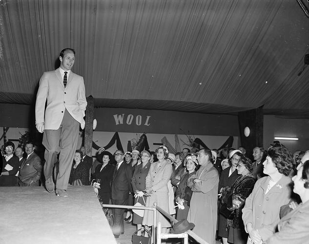 Australian Wool Board, Male Model on Stage, Royal Melbourne Showgrounds, Flemington, Victoria, 16 Sep 1959