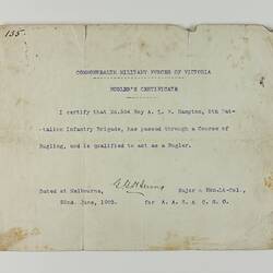 Certificate - Bugling Course Certification, Commonwealth Military Forces of Victoria, Aubrey L. B. Hampton, 22 Jun 1903