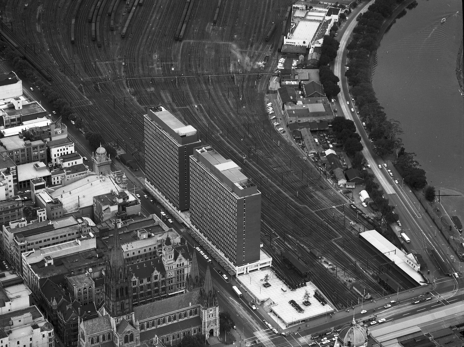Negative Aerial View of Gas & Fuel Corporation Towers, Melbourne, circa 1969