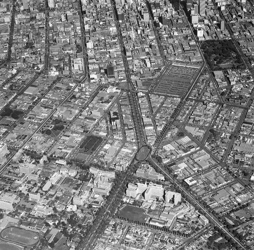 Monochrome aerial photograph of Melbourne.