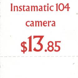 Price Ticket - 'Kodak Instamatic 104 Camera', 1965 - 1968